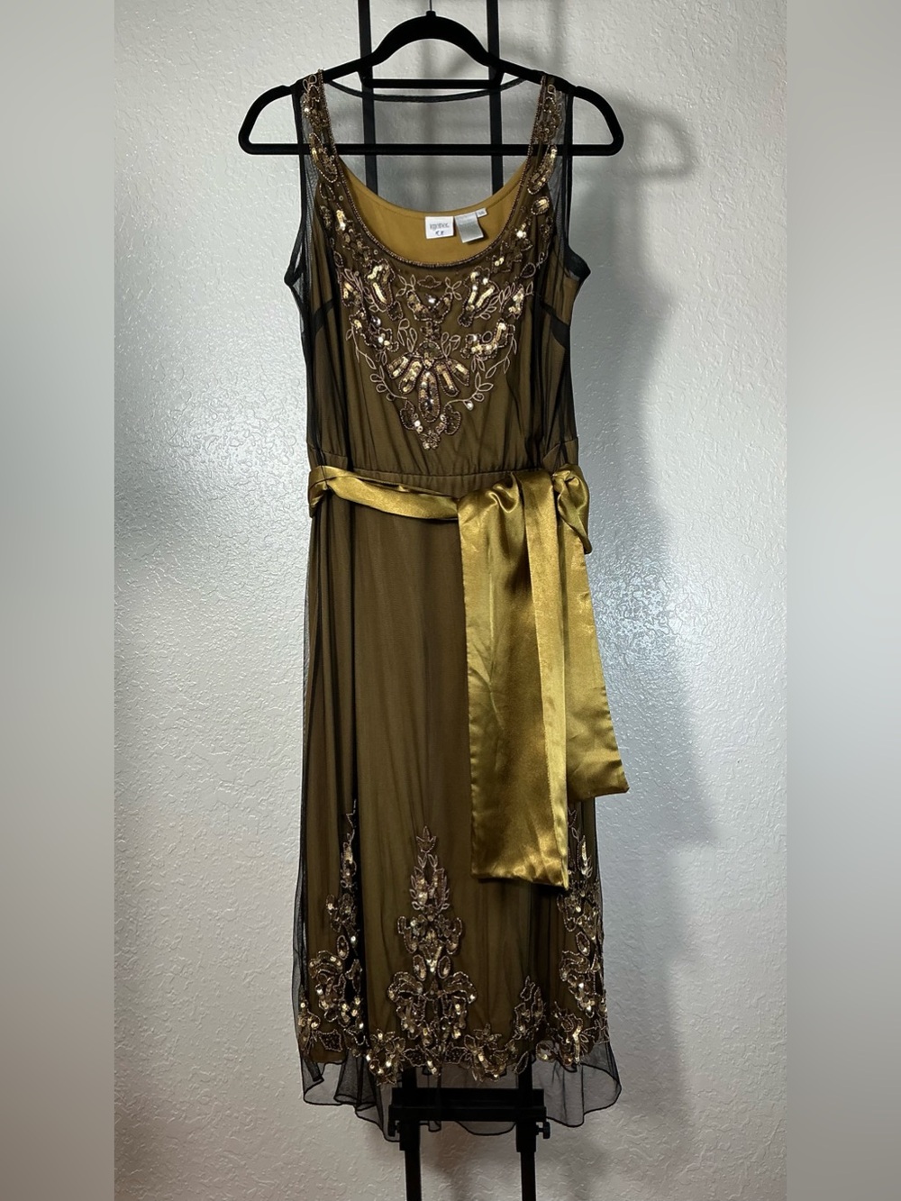 Together Size 14 Embellished Mesh Midi Dress Gold Bronze Sequin Beaded Formal